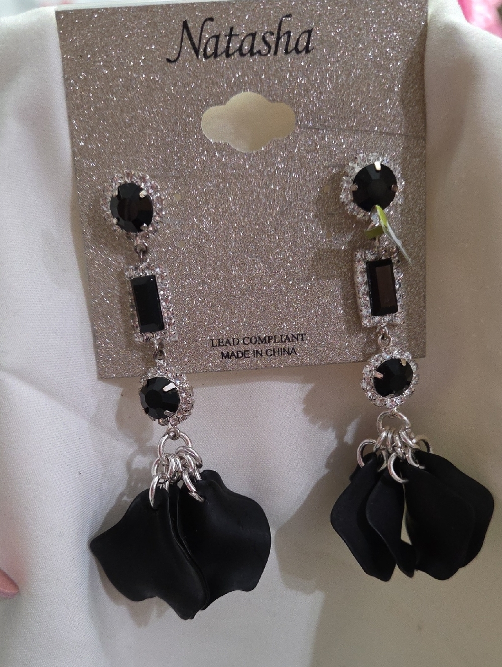Natasha Couture Black Crystal Petal Drop Earrings